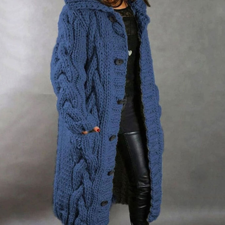 Women's Long Hooded Cable Knit Cardigan Button-Front Sweater Coat - Blue
