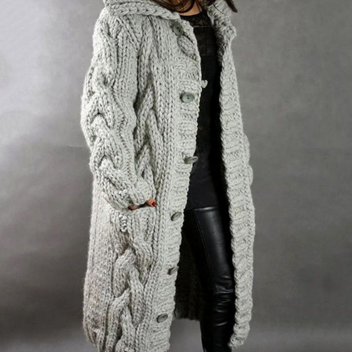 Women's Long Hooded Cable Knit Cardigan Button-Front Sweater Coat - Silver Grey
