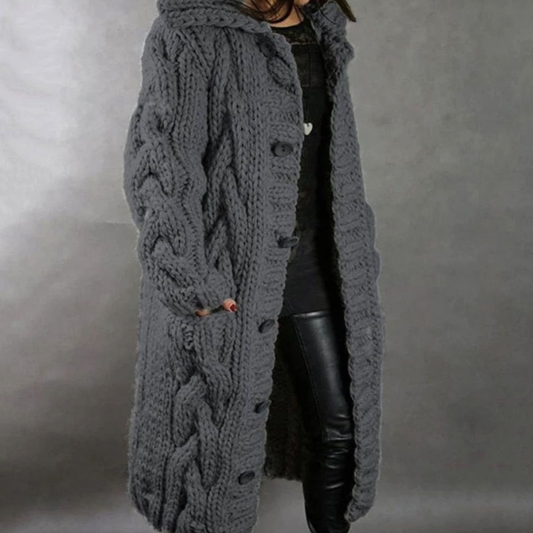 Women's Long Hooded Cable Knit Cardigan Button-Front Sweater Coat - Dark Grey