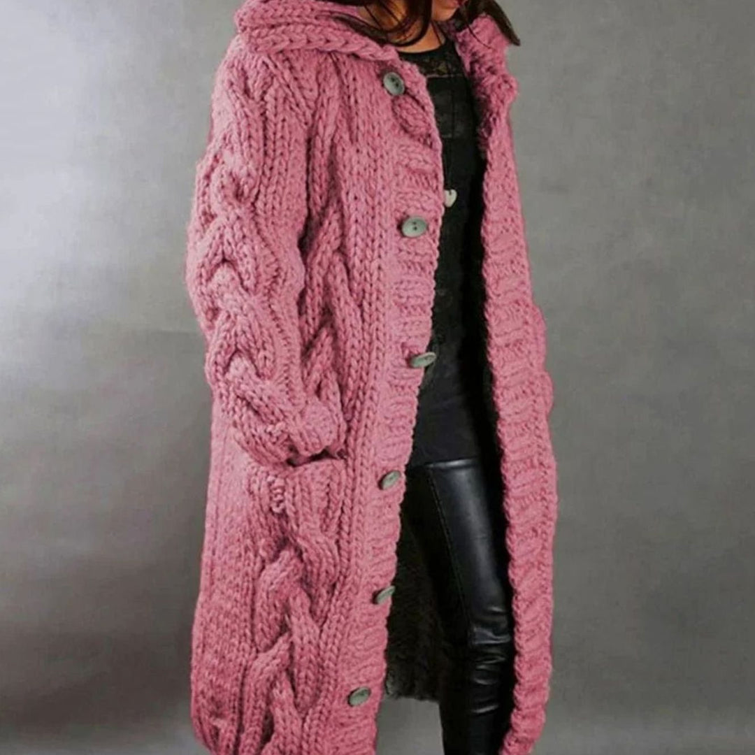 Women's Long Hooded Cable Knit Cardigan Button-Front Sweater Coat - Pink