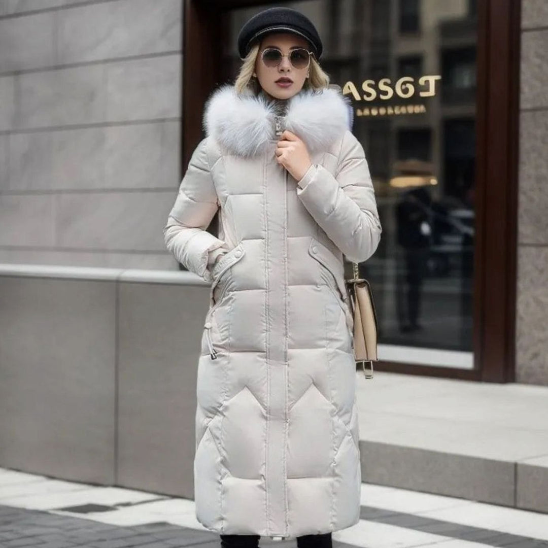 Women's Long Hooded Faux-Fur Trim Quilted Coat