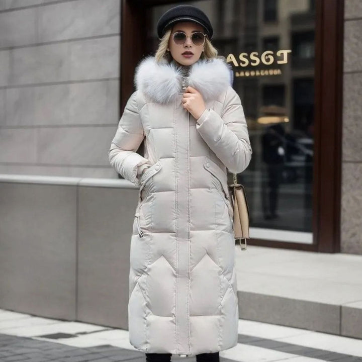 Women's Long Hooded Faux-Fur Trim Quilted Coat