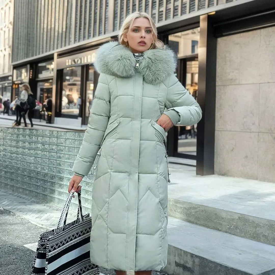 Women's Long Hooded Faux-Fur Trim Quilted Coat - Green