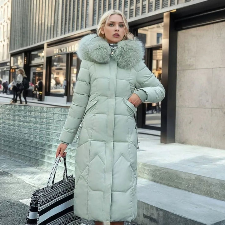 Women's Long Hooded Faux-Fur Trim Quilted Coat - Green