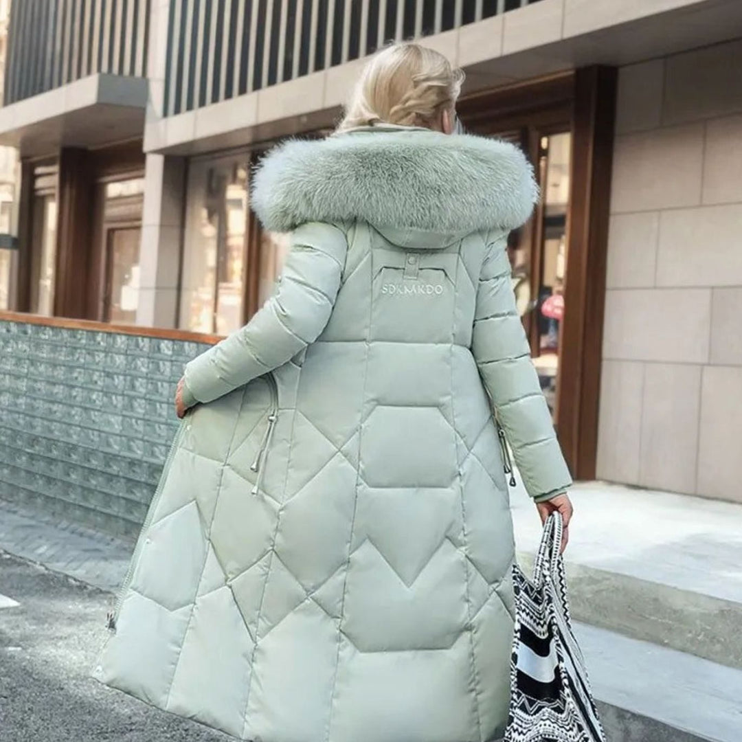 Women's Long Hooded Faux-Fur Trim Quilted Coat