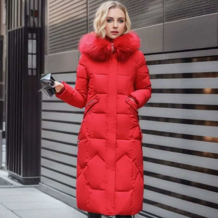 Women's Long Hooded Faux-Fur Trim Quilted Coat - Red