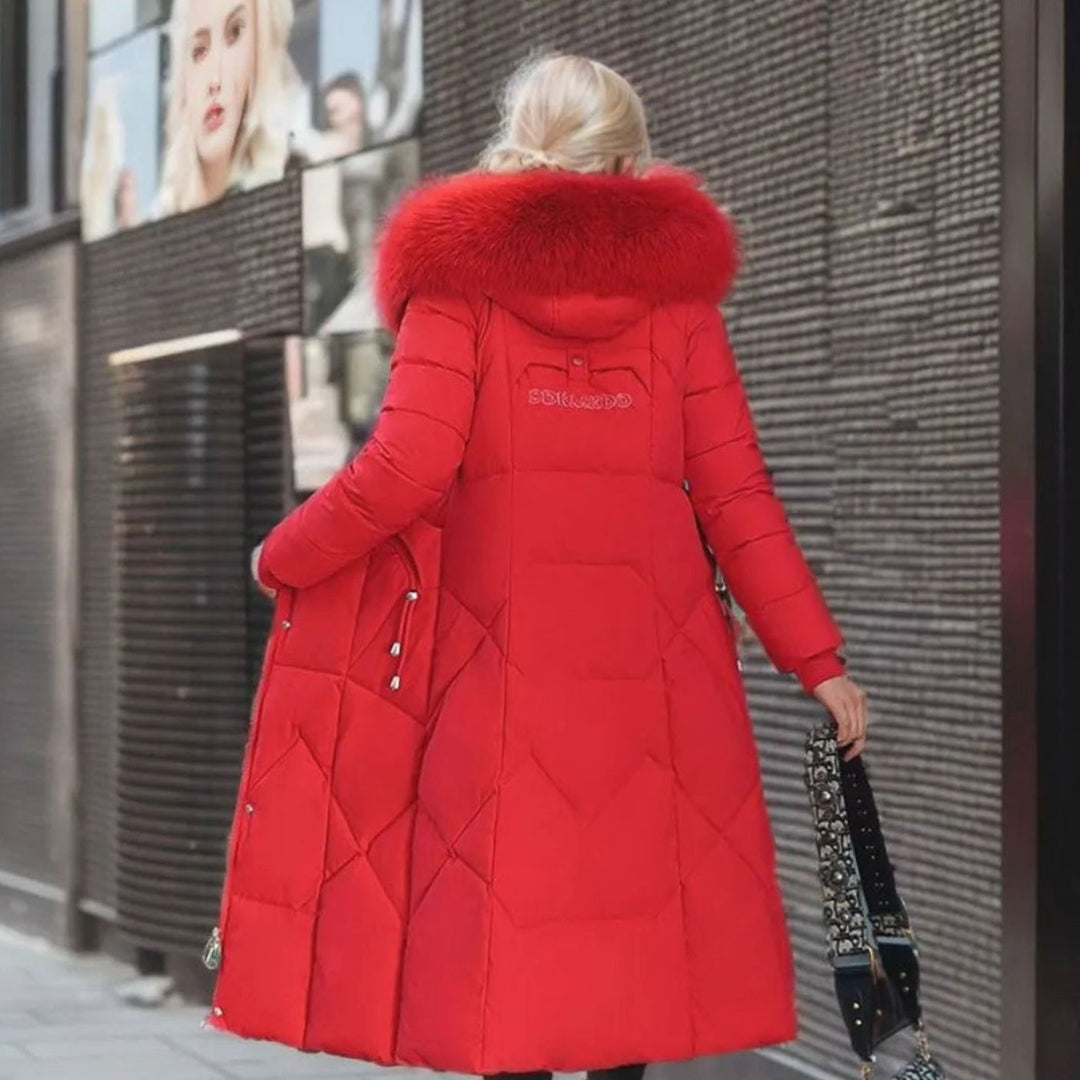 Women's Long Hooded Faux-Fur Trim Quilted Coat