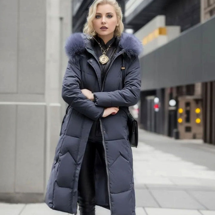 Women's Long Hooded Faux-Fur Trim Quilted Coat - Gray