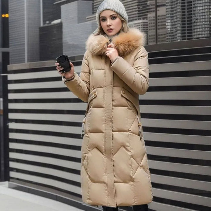Women's Long Hooded Faux-Fur Trim Quilted Coat - Khaki