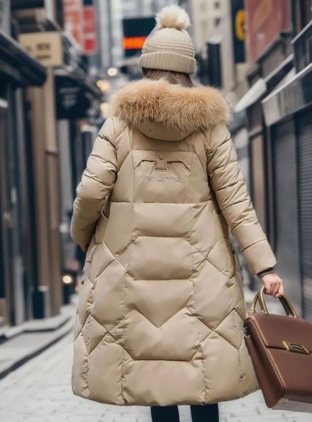 Women's Long Hooded Faux-Fur Trim Quilted Coat