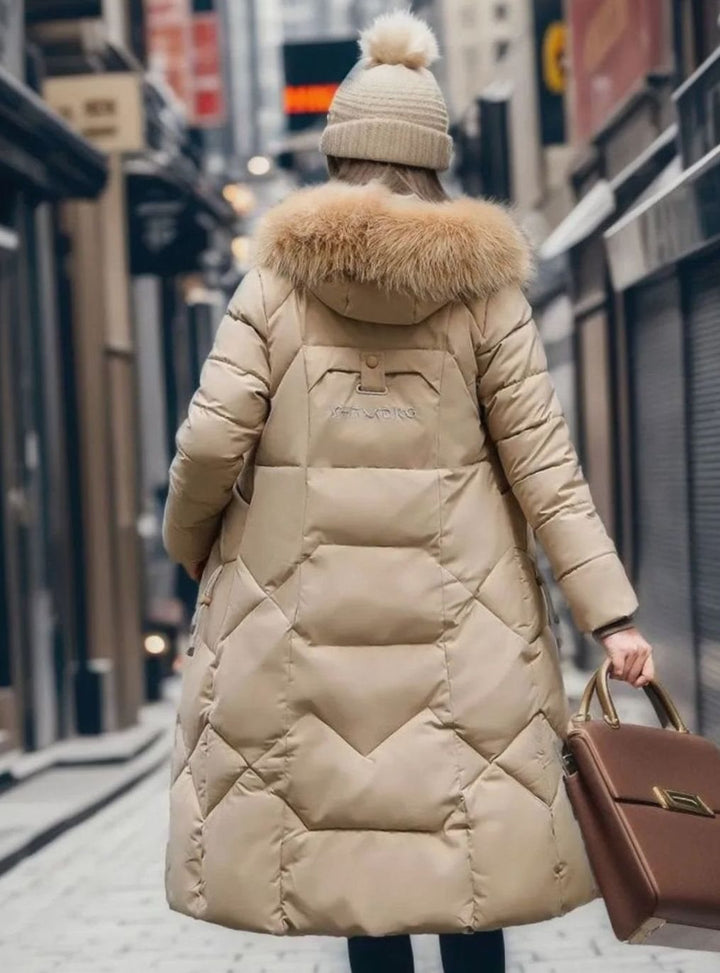 Women's Long Hooded Faux-Fur Trim Quilted Coat