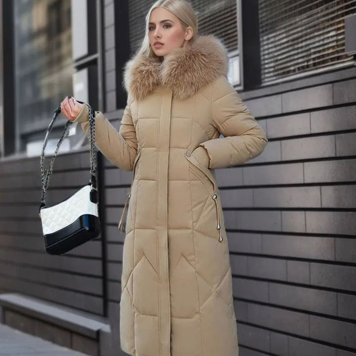 Women's Long Hooded Faux-Fur Trim Quilted Coat