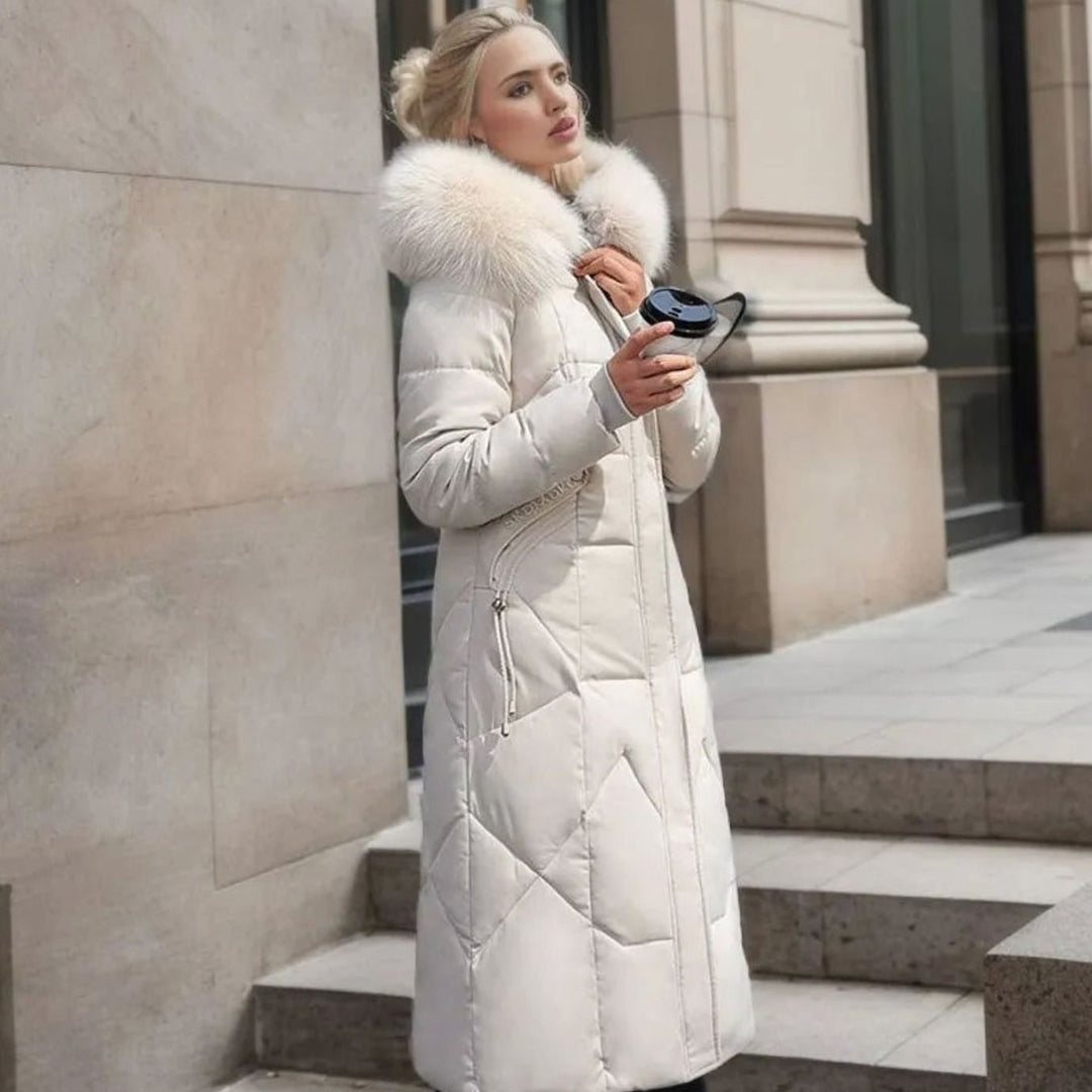 Women's Long Hooded Faux-Fur Trim Quilted Coat