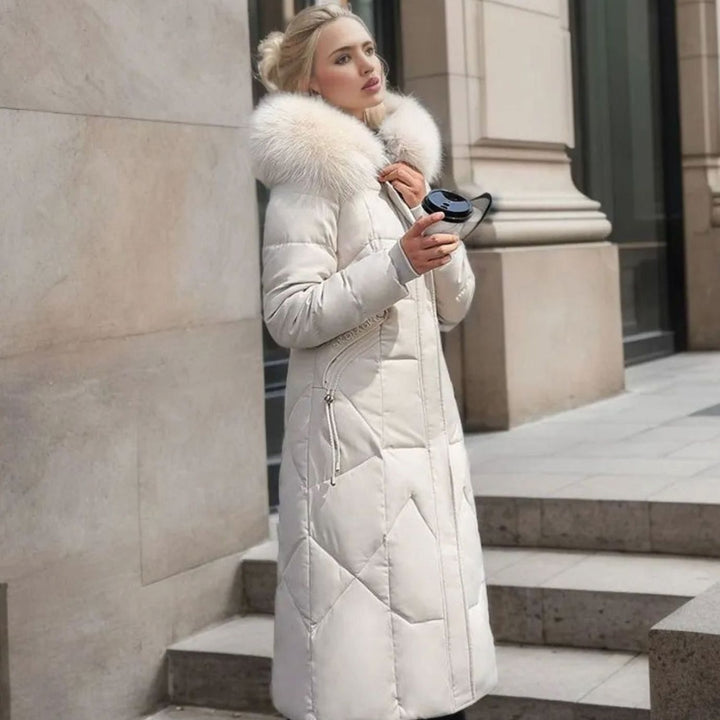Women's Long Hooded Faux-Fur Trim Quilted Coat