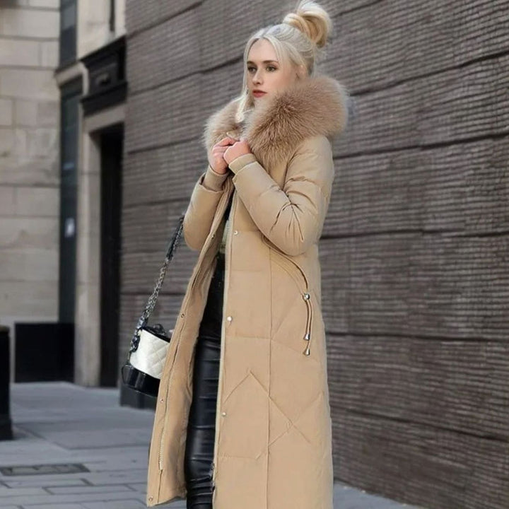 Women's Long Hooded Faux-Fur Trim Quilted Coat