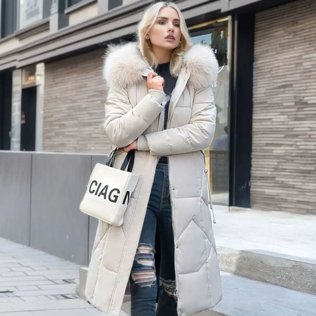 Women's Long Hooded Faux-Fur Trim Quilted Coat - White
