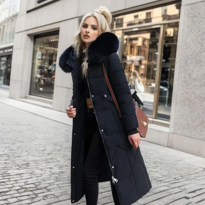 Women's Long Hooded Faux-Fur Trim Quilted Coat - Black