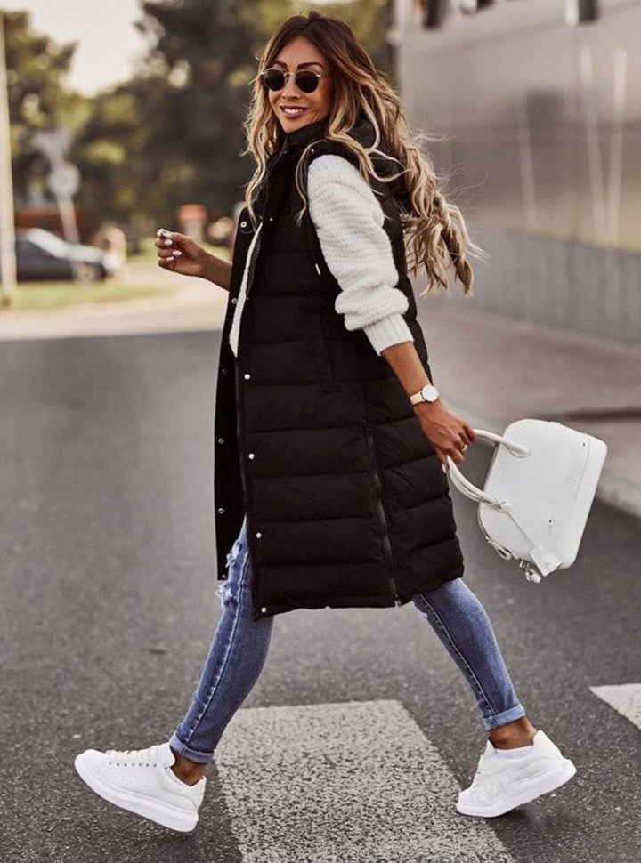 Women's Long Hooded Quilted Puffer Vest Sleeveless Winter Coat