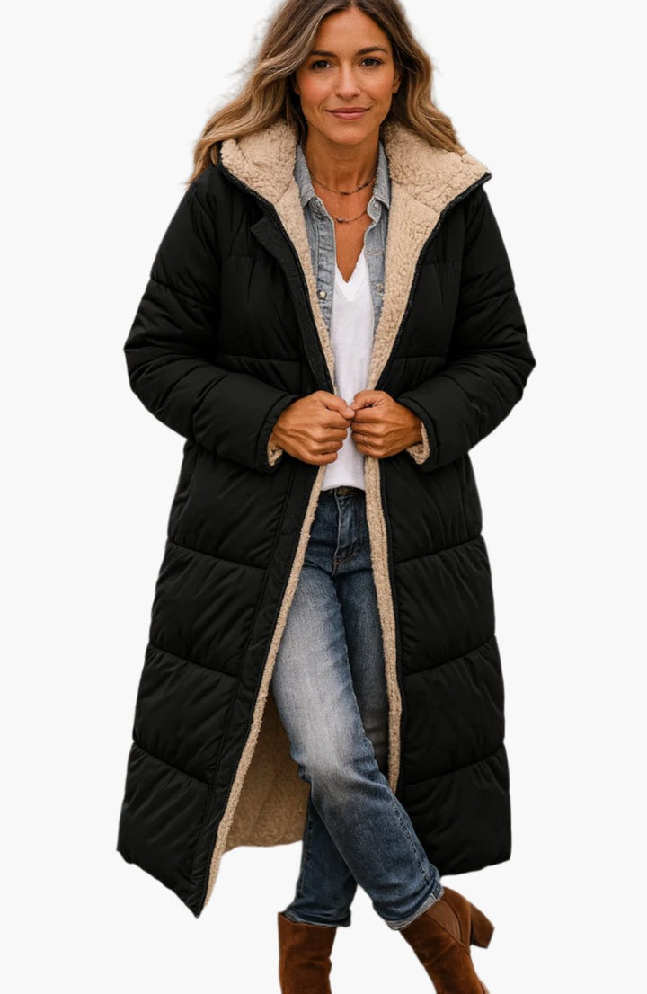 Women's Long Hooded Sherpa-Lined Quilted Winter Coat - Black