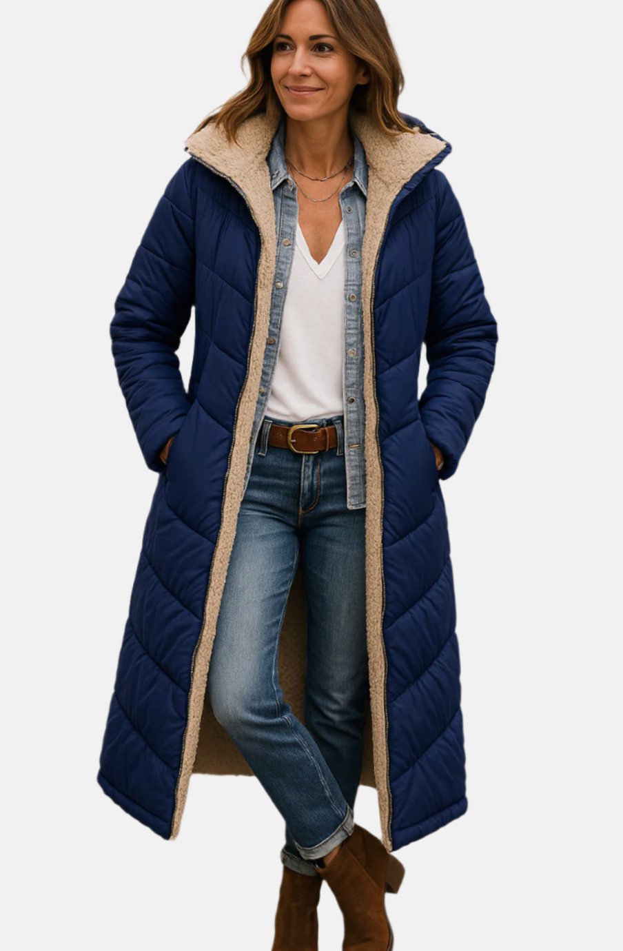 Women's Long Hooded Sherpa-Lined Quilted Winter Coat - Navy Blue
