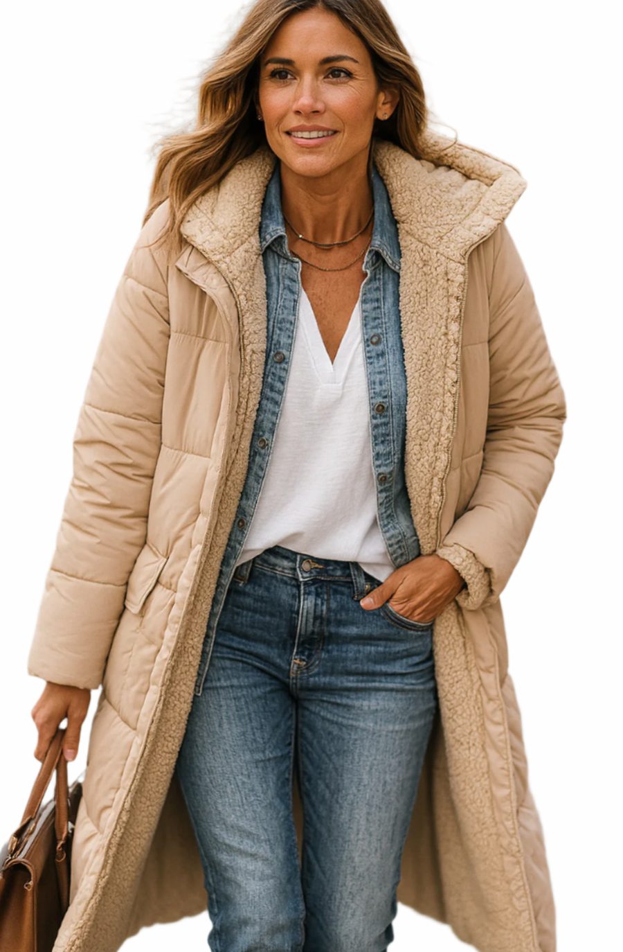 Women's Long Hooded Sherpa-Lined Quilted Winter Coat - Beige