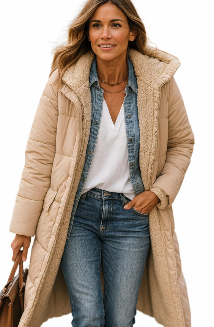 Women's Long Hooded Sherpa-Lined Quilted Winter Coat - Beige