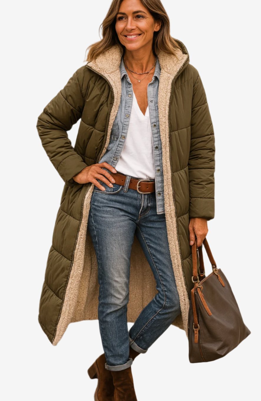 Women's Long Hooded Sherpa-Lined Quilted Winter Coat - Army Green