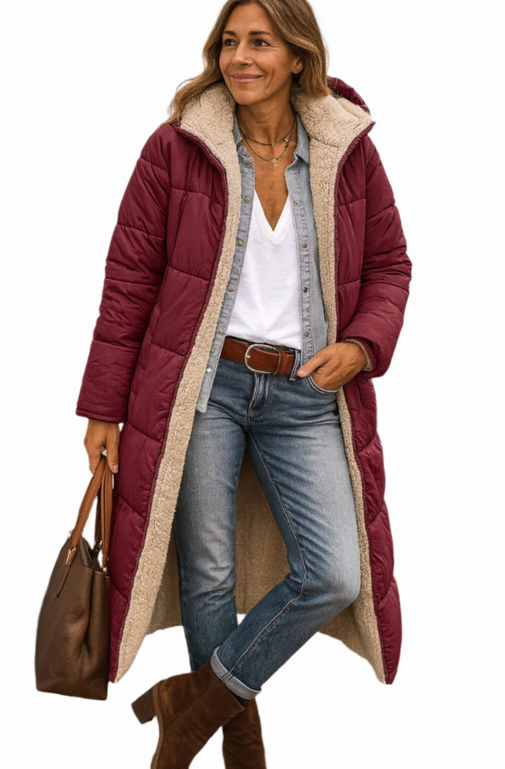 Women's Long Hooded Sherpa-Lined Quilted Winter Coat - Wine Red