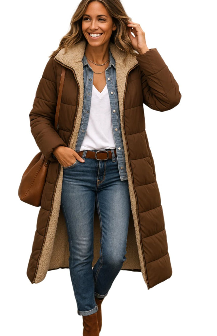 Women's Long Hooded Sherpa-Lined Quilted Winter Coat - Brown