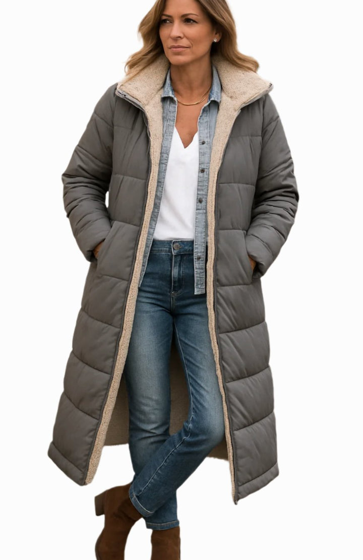 Women's Long Hooded Sherpa-Lined Quilted Winter Coat - Gray
