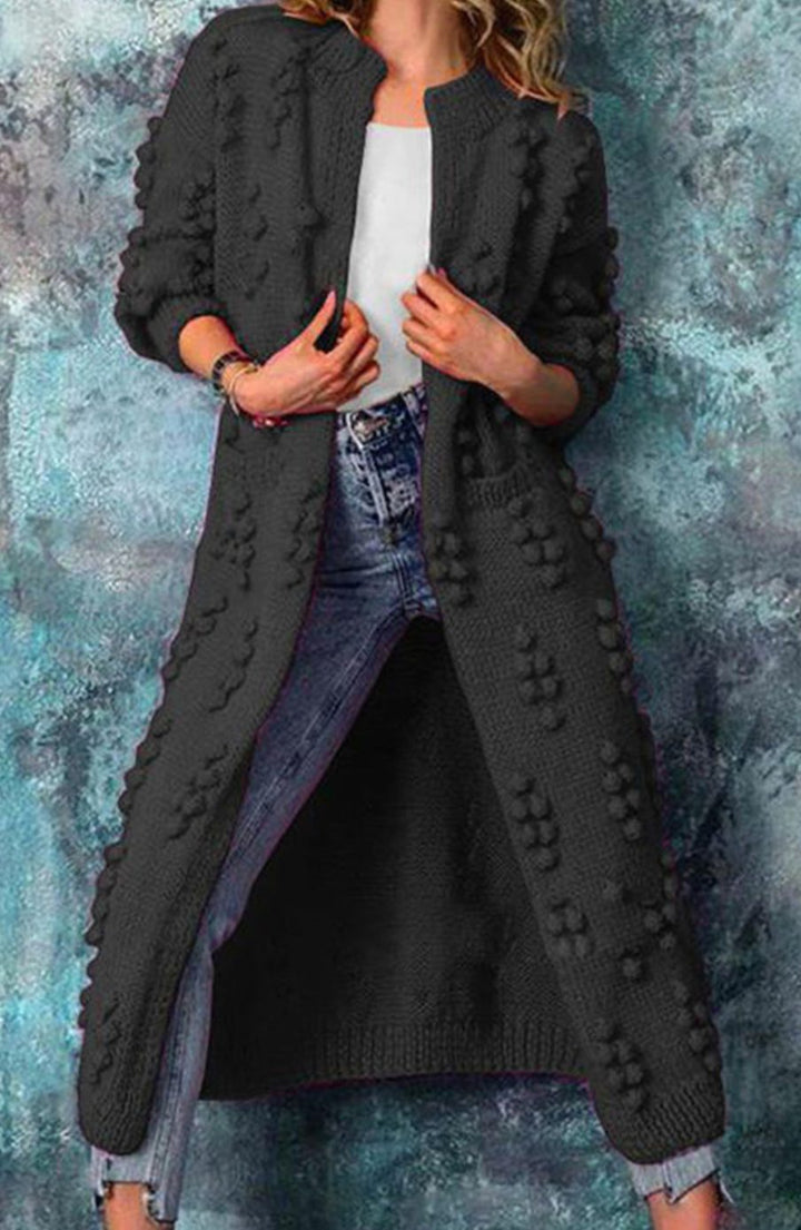 Women's Long Open-Front Pom-Pom Textured Cardigan Knit Sweater - Black