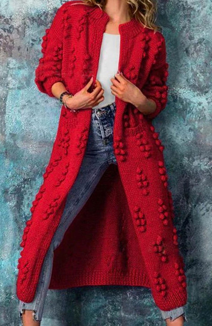Women's Long Open-Front Pom-Pom Textured Cardigan Knit Sweater - Red