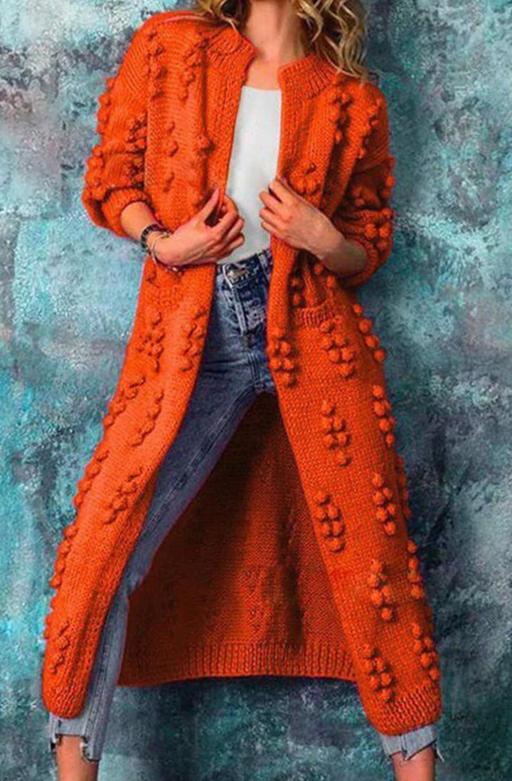 Women's Long Open-Front Pom-Pom Textured Cardigan Knit Sweater - Orange