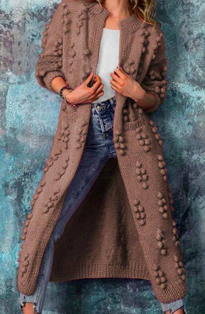 Women's Long Open-Front Pom-Pom Textured Cardigan Knit Sweater - Brown