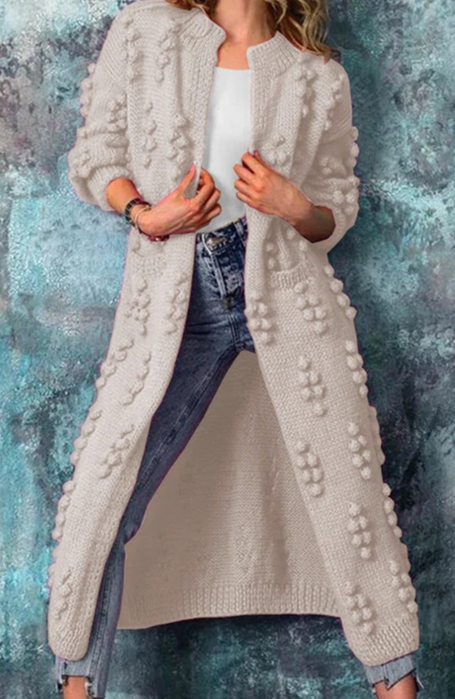 Women's Long Open-Front Pom-Pom Textured Cardigan Knit Sweater - Beige