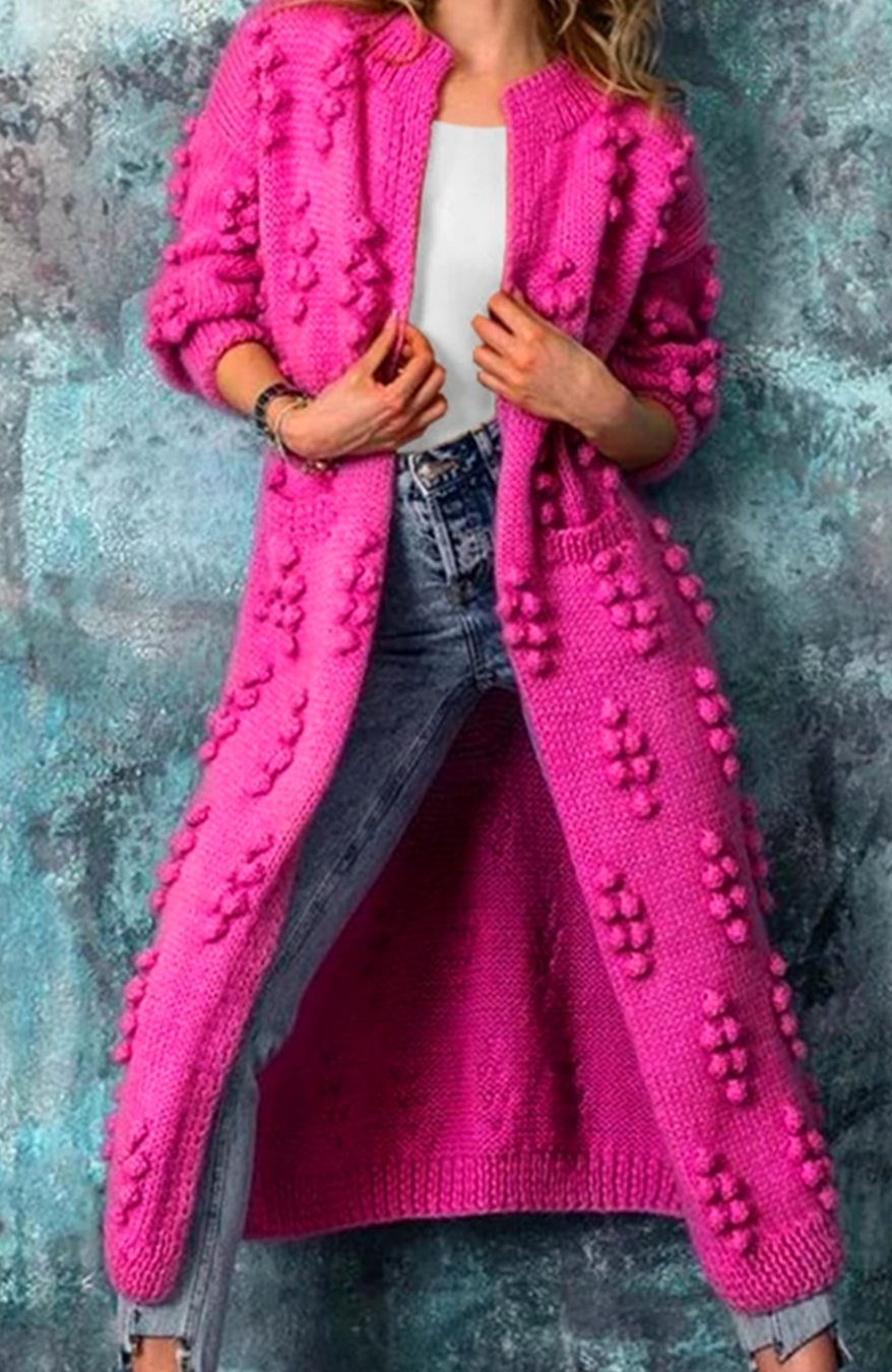 Women's Long Open-Front Pom-Pom Textured Cardigan Knit Sweater - Pink