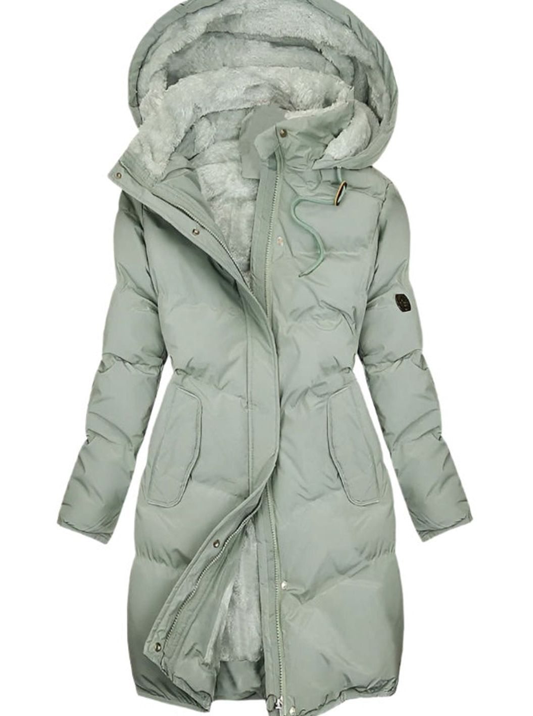 Women's Long Quilted Faux-Fur Lined Hooded Winter Coat - Green