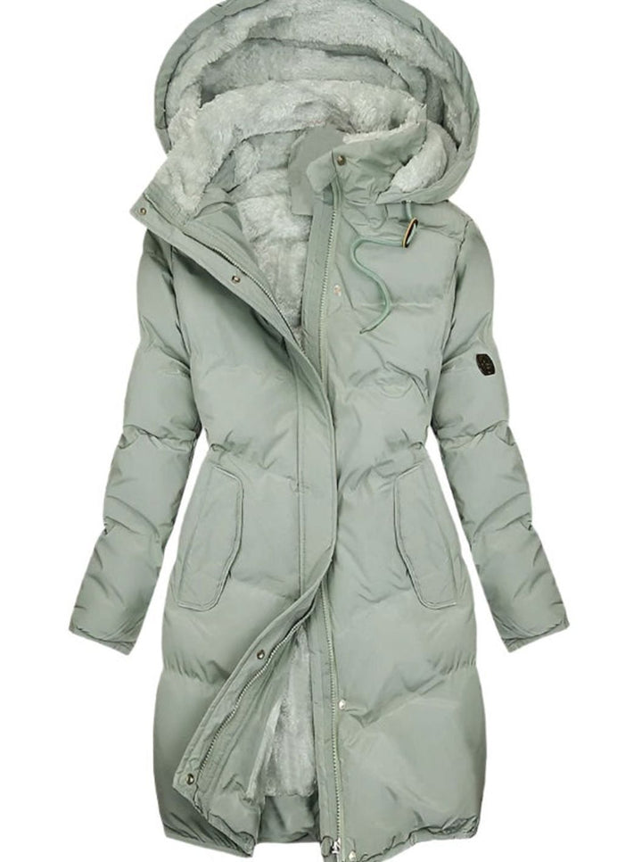 Women's Long Quilted Faux-Fur Lined Hooded Winter Coat - Green