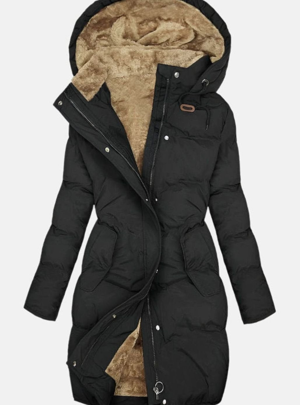 Women's Long Quilted Faux-Fur Lined Hooded Winter Coat - Black
