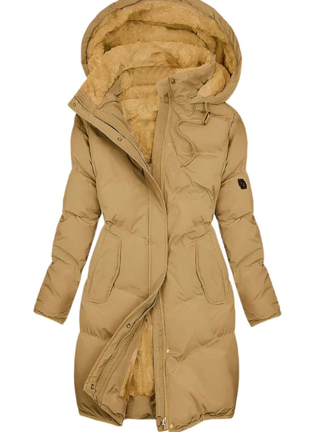 Women's Long Quilted Faux-Fur Lined Hooded Winter Coat - Yellow