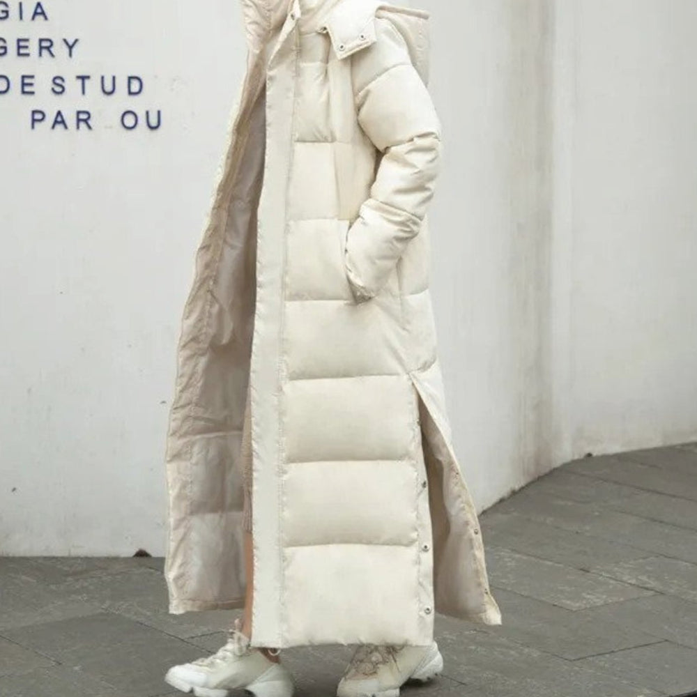 Women's Long Quilted Padded Winter Coat Zip-Up Puffer - Beige