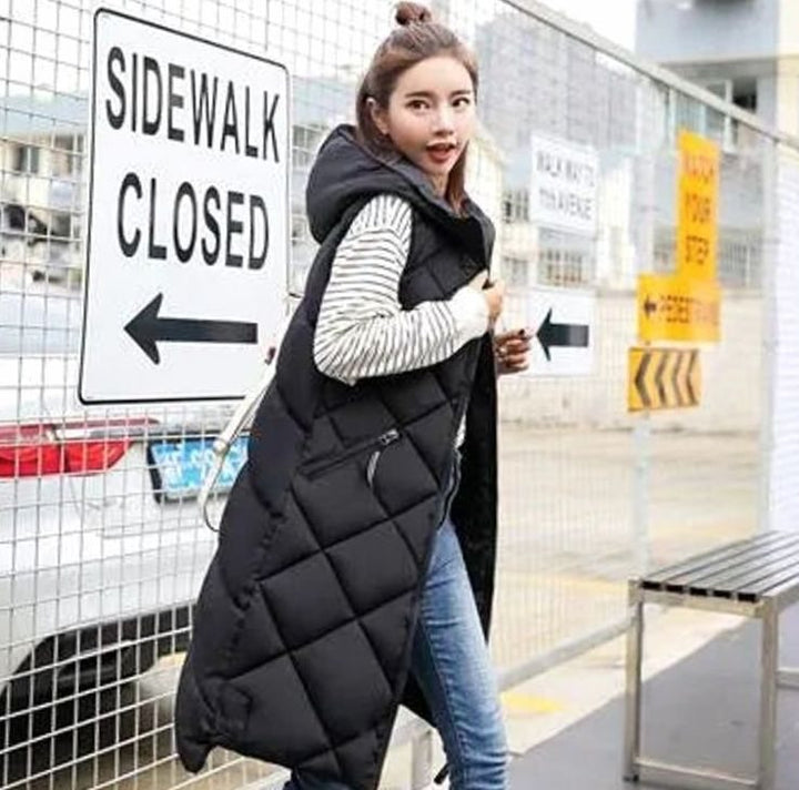 Women's Long Quilted Sleeveless Hooded Vest - Black