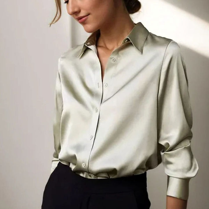 Women's Long Sleeve Button-Down Satin Blouse Collared Shirt - Green