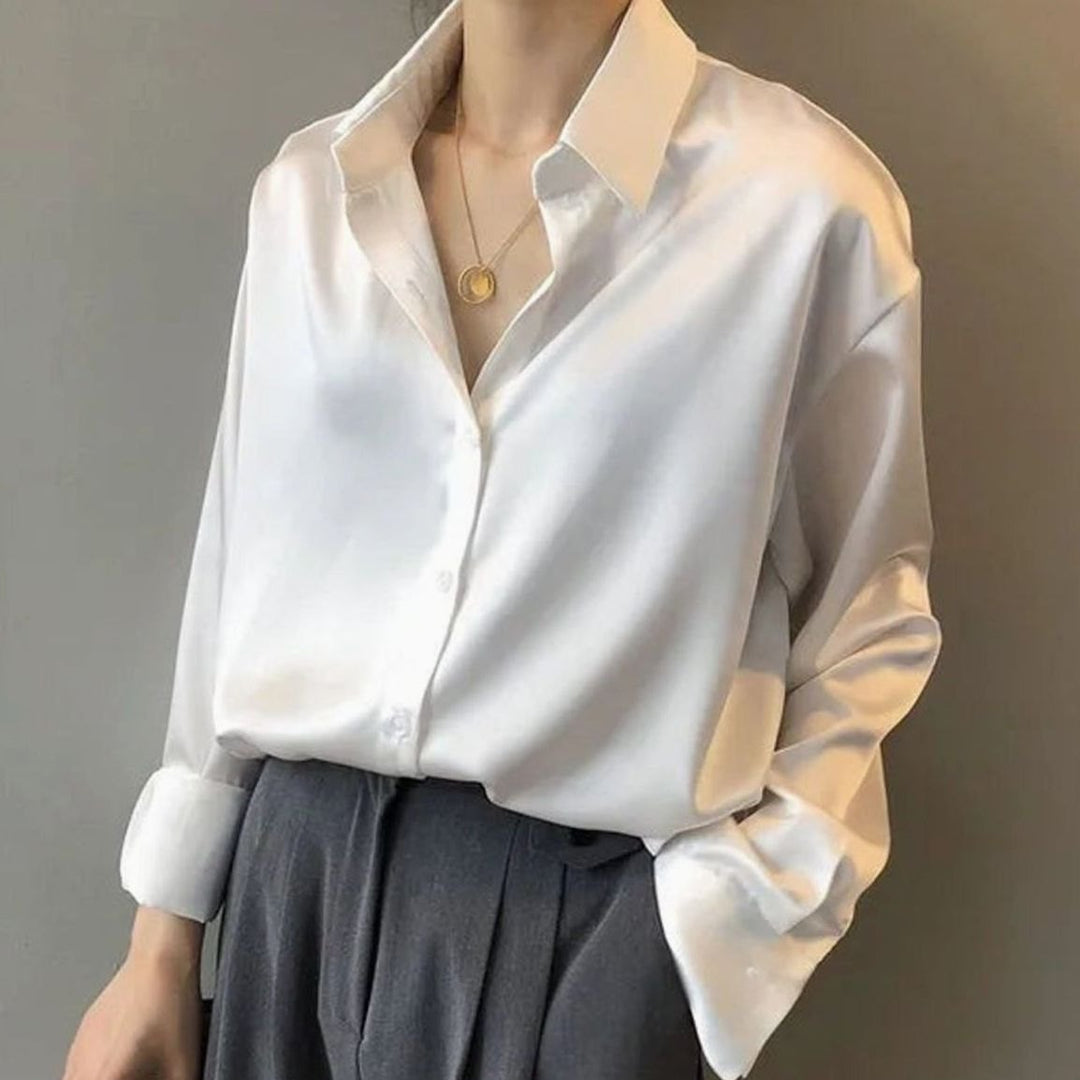 Women's Long Sleeve Button-Down Satin Blouse Collared Shirt - White