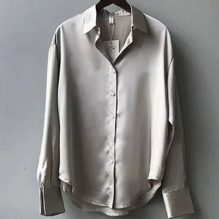 Women's Long Sleeve Button-Down Satin Blouse Collared Shirt - Grey