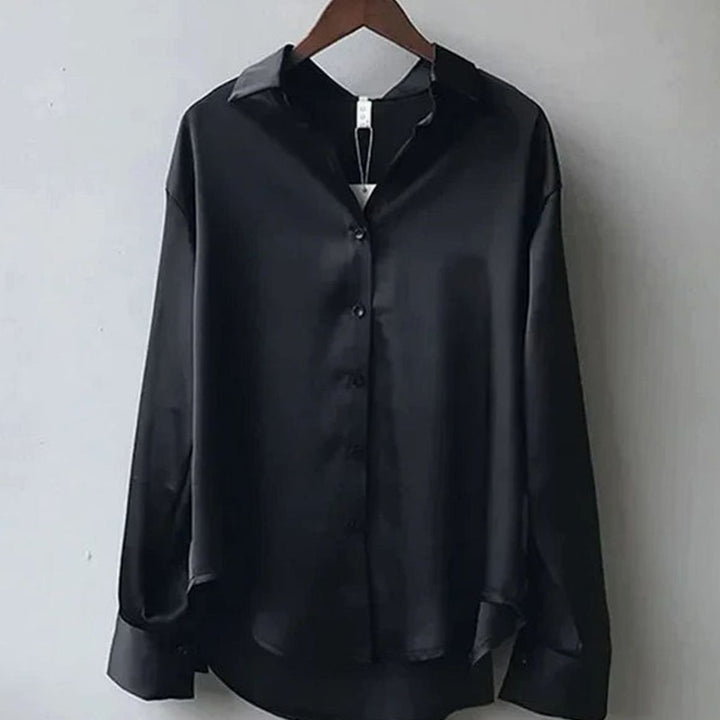 Women's Long Sleeve Button-Down Satin Blouse Collared Shirt - Black