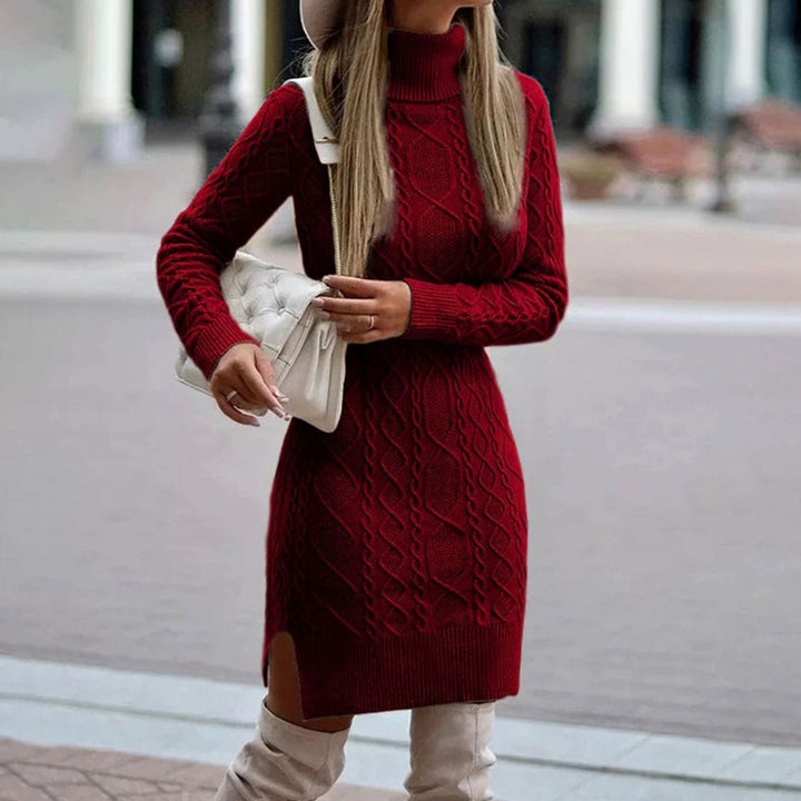 Women's Long Sleeve Turtleneck Cable-Knit Bodycon Sweater Dress - Burgundy