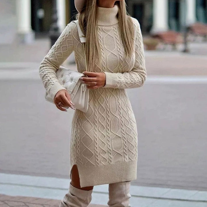 Women's Long Sleeve Turtleneck Cable-Knit Bodycon Sweater Dress - Beige