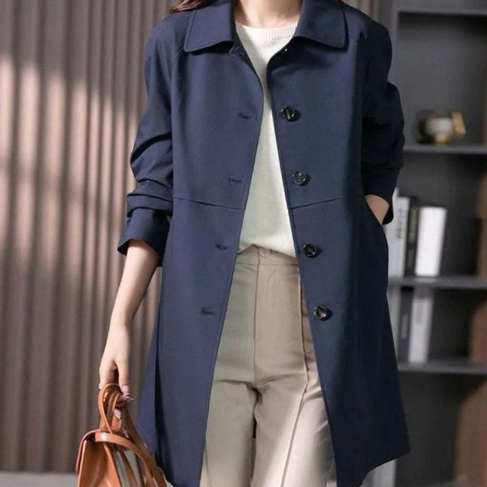 Women's Longline Button-Front Structured-Collar Trench Coat - Dark Blue