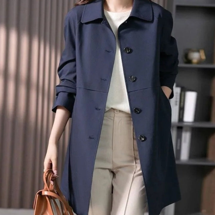 Women's Longline Button-Front Structured-Collar Trench Coat - Dark Blue